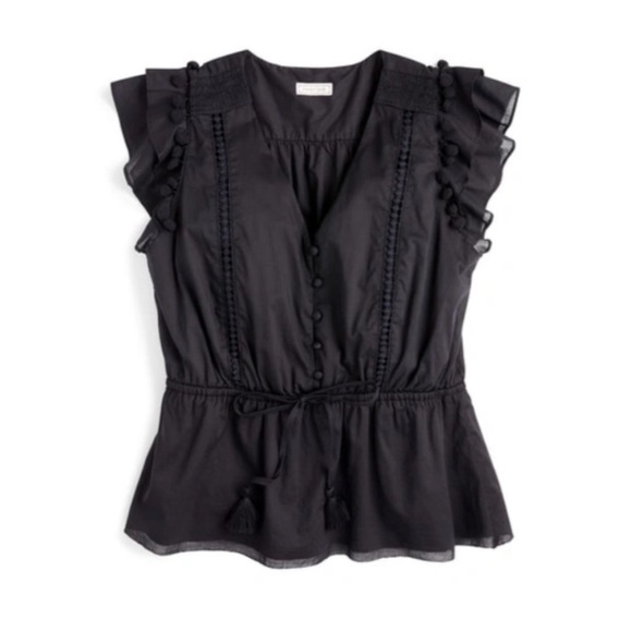 J. Crew Tops - Point Sur by J.Crew Black Blouse with Ruffle Flutter Sleeve and Pom Poms - XL